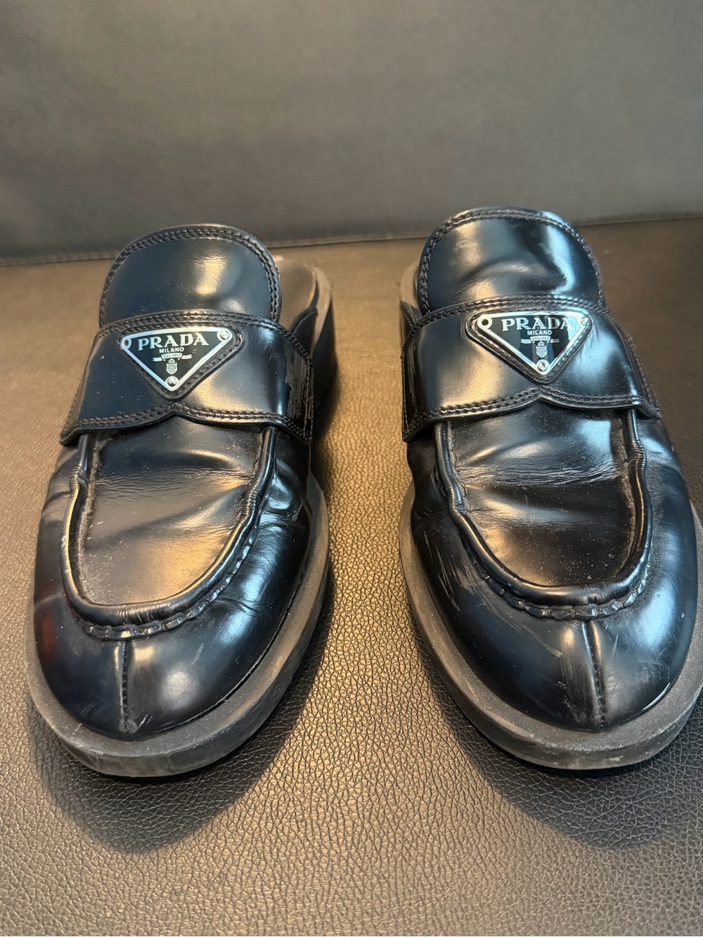 Prada Black Leather Slip-On Loafer Mules with Triangle Logo Plaque - Picture 3 of 6